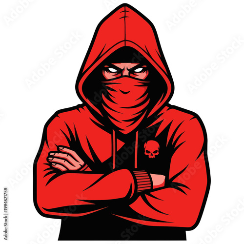 Anonymous Hacker Silhouette in Red Hoodie with Skull Emblem, Cybercrime Concept