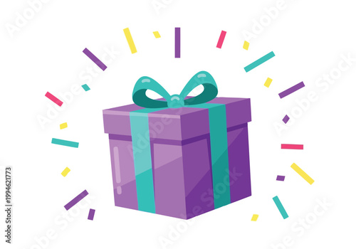 Purple gift box with teal ribbon and confetti