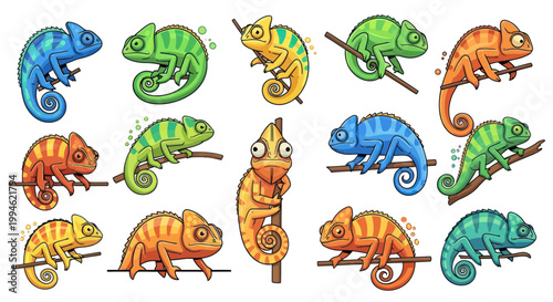 Colorful Chameleons Collection: Cute Cartoon Reptiles on Branches