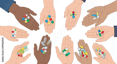 Hands holding pills and capsules, diverse people, healthcare, medicine, treatment concept