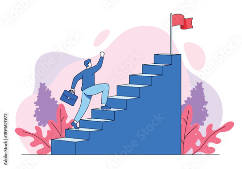 Businessman climbing stairs to reach the goal flag, success concept illustration