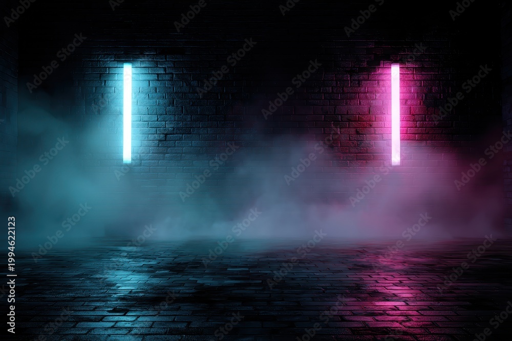 Fototapeta premium Atmospheric Scene With Two Vertical Neon Lights Cyan and Magenta Reflecting On Wet Brick Wall And Dark Ground With Fog And Smoke