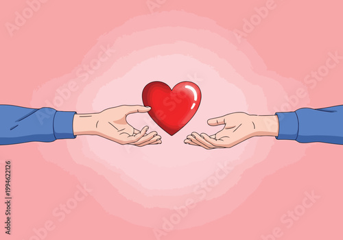 Two hands passing a red heart symbol to each other representing love, care, kindness, charity, and support in a flat vector illustration