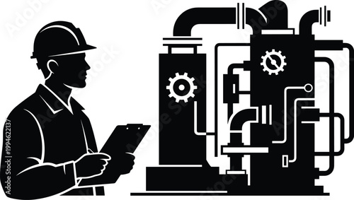 Industrial engineer inspecting factory machinery silhouette, manufacturing process control, engineering 