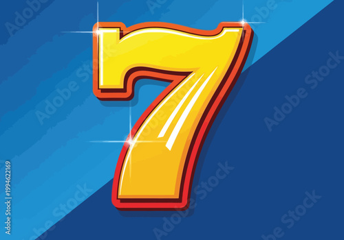 Shiny yellow number seven with red outline on blue background