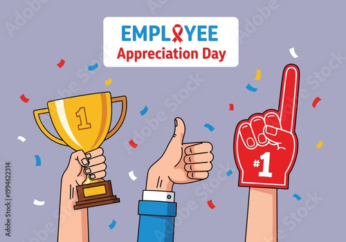 Employee appreciation day celebration vector illustration with trophy, thumbs up, and foam finger