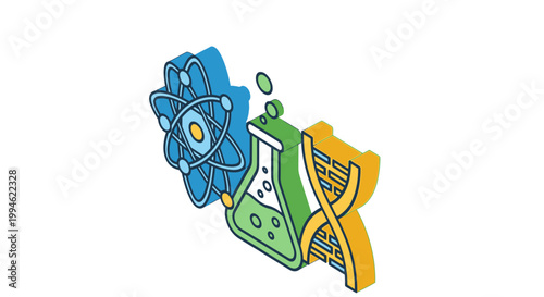Isometric Scientific Representation: Atomic Structure, Laboratory Flask, and DNA Helix Illustration