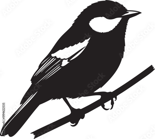 Detailed black silhouette of a small bird in flight with wings spread wide flying simple background