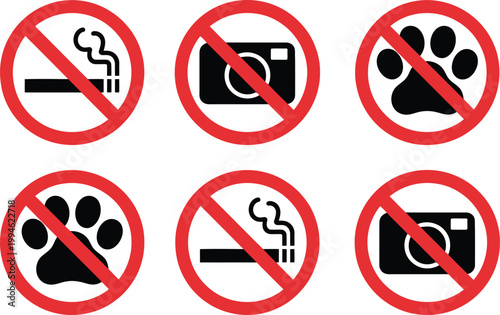 Prohibited actions depicted with universally recognized symbols on circular signs