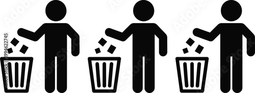 Three figures demonstrating proper waste disposal into recycling bins