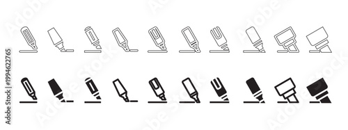 Collection of modern minimalist highlighter and marker icons in outline and solid styles for design projects. Marker icon set in flat solid and line art styles for educational and business, vector ill