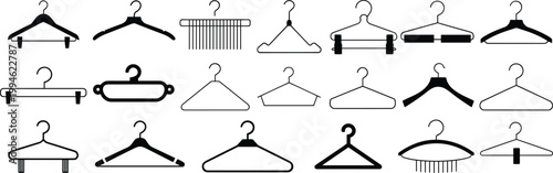 Collection of clothing hanger silhouettes, black vector illustration, garment storage design, wardrobe accessory graphic icon set for fashion