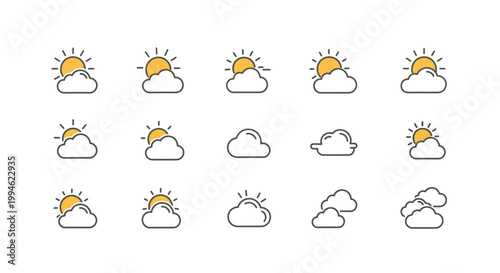 Minimalist Weather Icons Depicting Sun and Clouds for Meteorological Concepts and Data