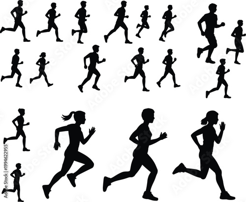 Dynamic running silhouettes of athletes in motion, fitness exercise jogging training marathon sports activity healthy lifestyle black vector illustration