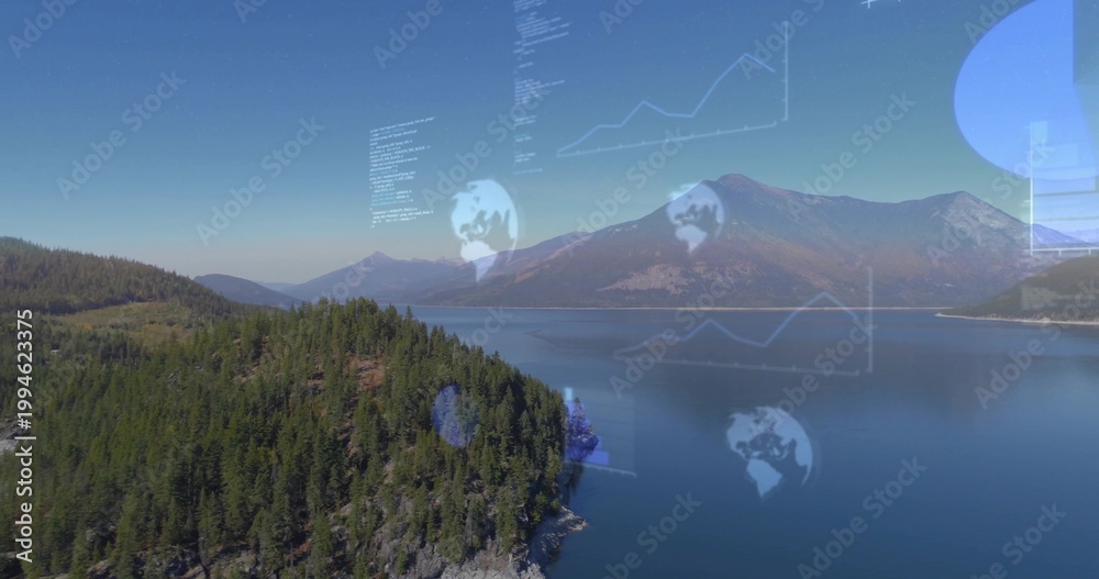 Fototapeta premium Showing forested peninsula projecting into calm lake, with rocky shore, pines, digital overlays