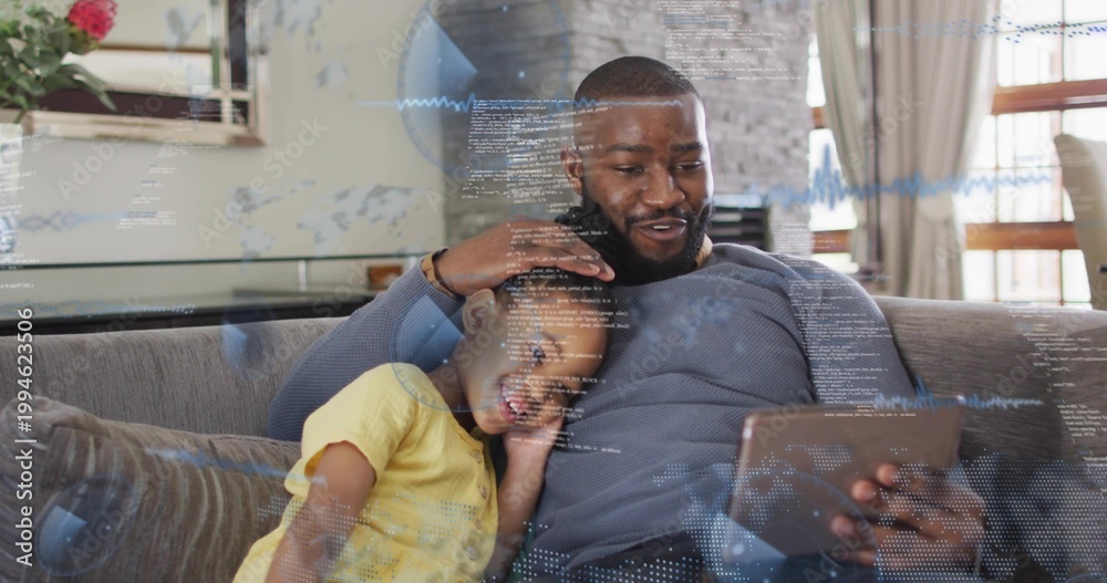 Obraz premium Cradling father in sweatshirt holding tablet with daughter in yellow top in living room, AR overlay