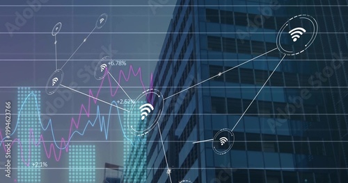 Displaying connected wireless data overlay spanning urban district by glass tower, with Wi?Fi nodes