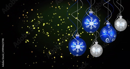 Hanging cluster of five snowflake baubles catching shine on right side, with warm bokeh, copy space