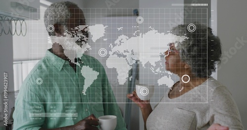 Discussing couple wearing light green shirt and sweater holding white mugs in kitchen, HUD overlay