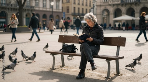 Person Reading Book on Bench Surrounded by Pigeons in Urban Park