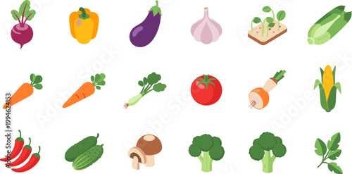 Fresh Vegetables Vector Set Featuring Carrot, Broccoli, Tomato, Cucumber, Garlic, and Other Garden Produce for Healthy Lifestyle Designs