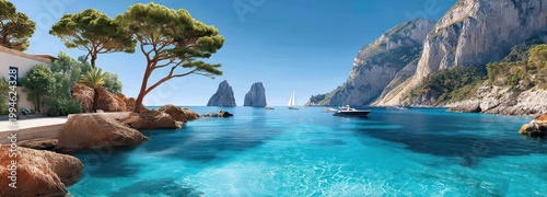 Panoramic view of Capri coastline with turquoise sea, cliffs, yachts and pine trees