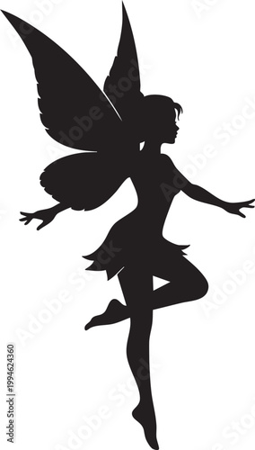 Silhouette of a dynamic fairy figure in mid flight with flowing hair and wings winged figure