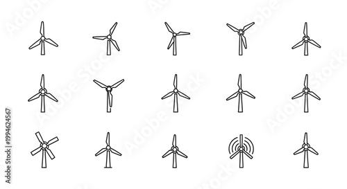 Minimalist Wind Turbine Icons Representing Sustainable Energy and Power Generation.
