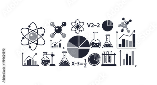 Scientific Icons and Data Visualizations Representing Chemistry, Physics, and Analytics