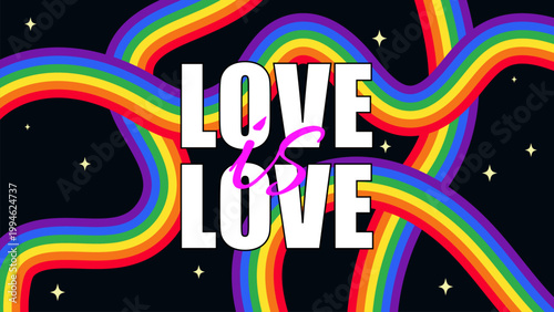 Pride month banner love is love bold typography with rainbow waves on black background