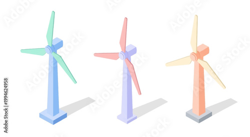 Three stylized windmill illustrations in a pastel color palette to show clean energy