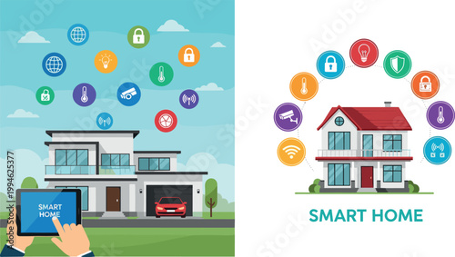 Smart Home Technology Concept Illustration with Connected House, IoT Devices, Security Icons, Automation System, and Modern Digital Living Environment Design