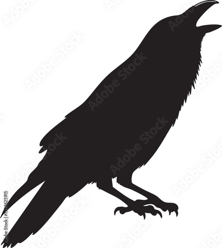 Sleek glossy black crow silhouette in flight against white background bird