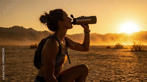 A weary person rehydrates under the scorching desert sun, finding essential relief from the intense heat, bathed in the golden warmth of a dramatic wilderness sunset, revealing cracked earth