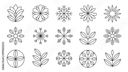 A collection of minimalist line art floral and geometric designs are presented showcasing diverse shapes and patterns in black and white high quality professional detailed modern