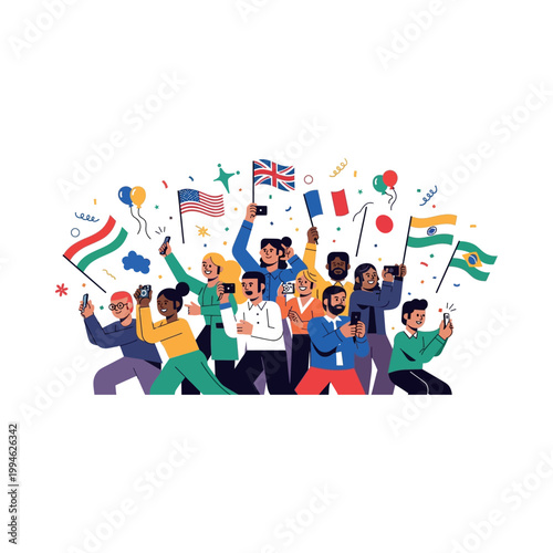 Fotografie Diverse group of people celebrate with flags and phones in a festive atmosphere outdoors