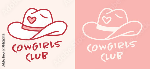 Cowgirls club western country music girls night bachelorette party women shirt design girly aesthetic sticker. Coquette preppy pink and red cute cowboy hat with heart doodle outline drawing print.