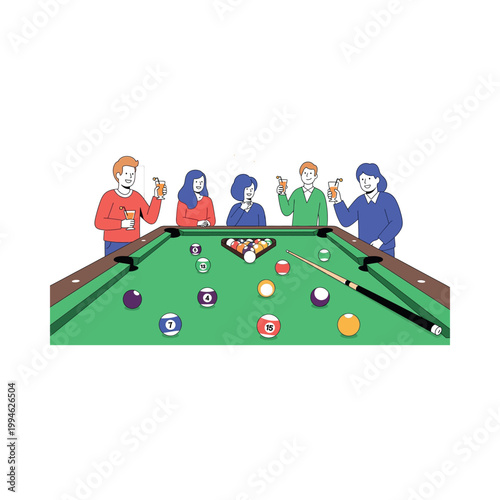 Friends gather around a billiards table to play and socialize with drinks