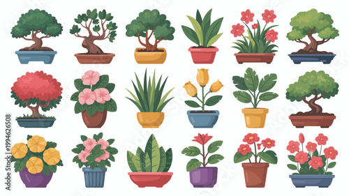 A colorful collection of potted plants and bonsai trees are displayed against a clean white background showcasing diverse foliage and floral arrangements high quality professional detailed