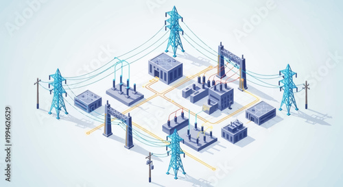 Isometric schematic of an electrical grid with power lines and infrastructure