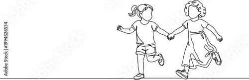 continuous line drawing of two happy young girls joyfully running hand in hand, line art vector illustration