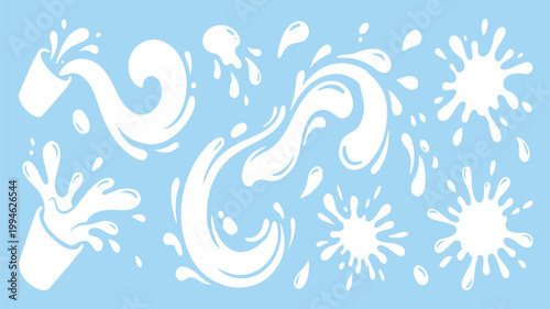 White milk splash swirl set isolated on blue background