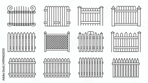 A collection of linear fence designs are displayed showcasing various styles and arrangements of picket and panel fencing elements high quality professional detailed modern elegant stylish