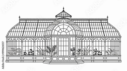 A detailed line drawing depicts a classic victorian greenhouse structure with ornate detailing and surrounding botanical elements high quality professional modern elegant stylish clean crisp vibrant
