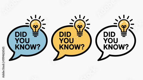 Three speech bubbles each containing a lit lightbulb and the question did you know in varying colors high quality professional detailed modern elegant stylish clean crisp