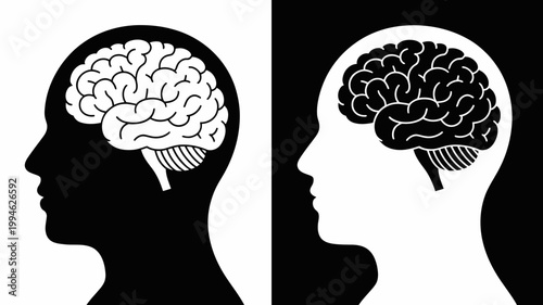 A split silhouette of a human head displays two contrasting brain hemispheres one in white and the other in black high quality professional detailed modern elegant