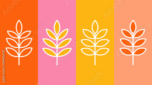 A vibrant colorful composition features four stylized leaf designs each rendered in white lines against a different solid background hue high quality professional detailed modern elegant
