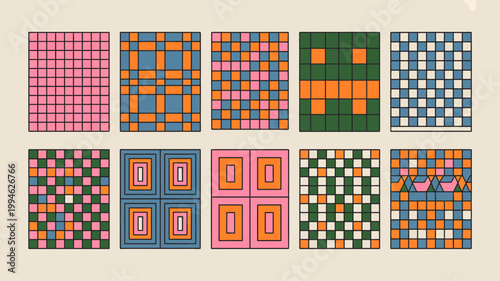 A collection of nine patterned squares are displayed each featuring unique geometric designs and a vibrant color palette high quality professional detailed modern elegant stylish clean