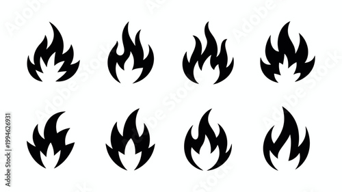 A collection of eight black stylized flame icons is presented against a stark white background depicting varying shapes of fire high quality professional detailed modern elegant