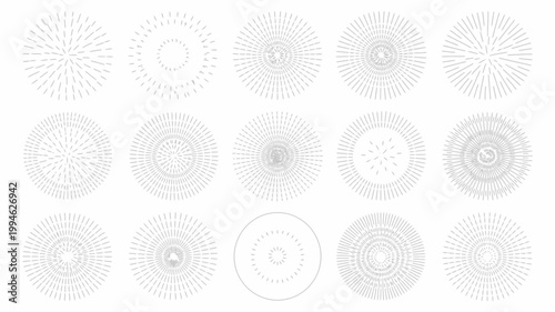 A collection of circular radiating line patterns are displayed against a white background offering a variety of densities and designs high quality professional detailed modern elegant
